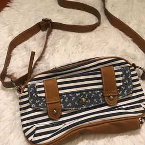 Navy & White Crossbody Purse W/ Leather Strap